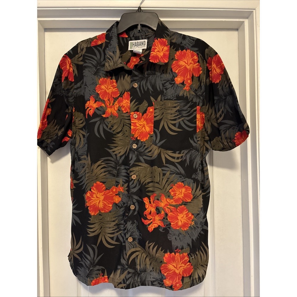 Haband Men's L Hawaiian Theme Shirt Hibiscus Palm Leaves Beach‎ Vacation Cruise